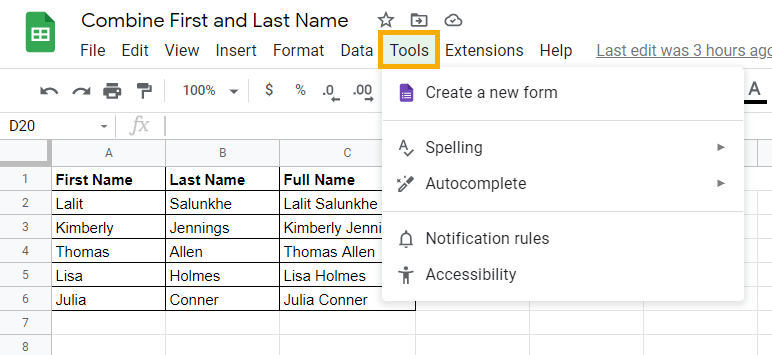 How to Combine First and Last Name in Google Sheets